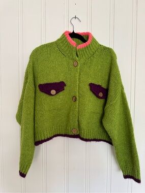 DR BLOOM Ding Ding Bright Green Knit Cardigan with Purple & Pink Trim